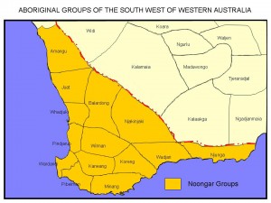 Map of Noongar Country and its fourteen language groups