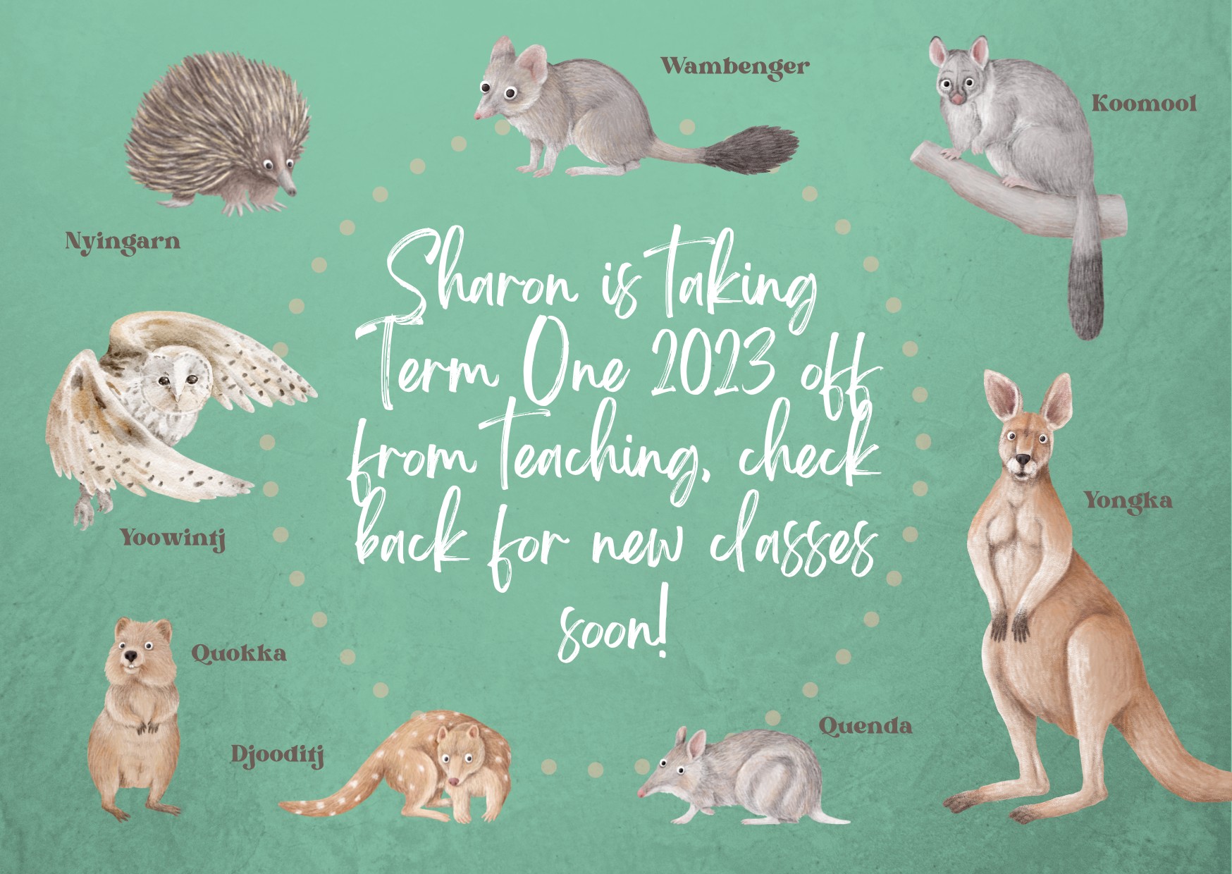 Postcard with text surrounded by native south west animals with their Noongar name typed beside them