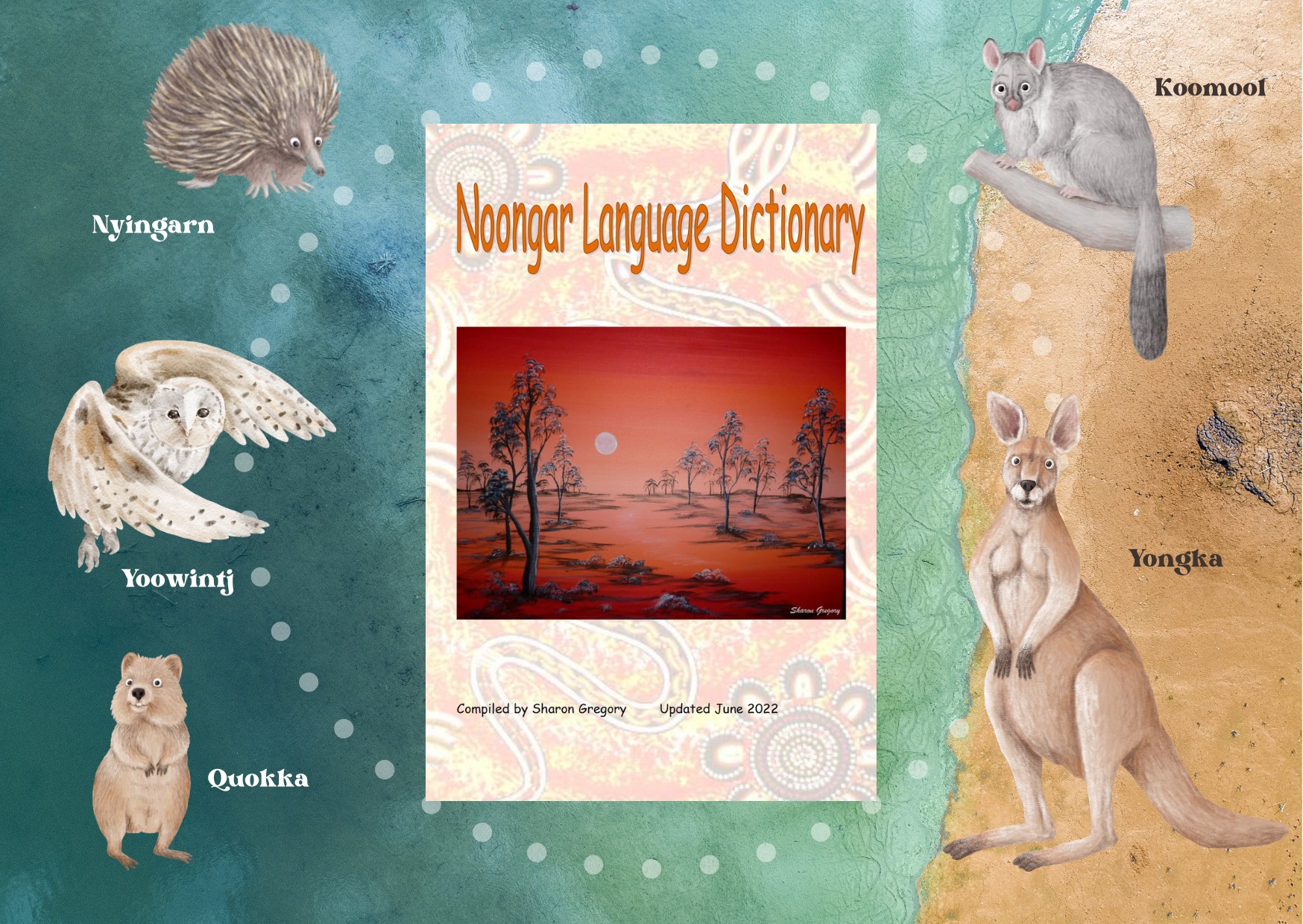 Image of Sharon's Noongar language dictionary surrounded with native south west animals with their Noongar names typed beside them